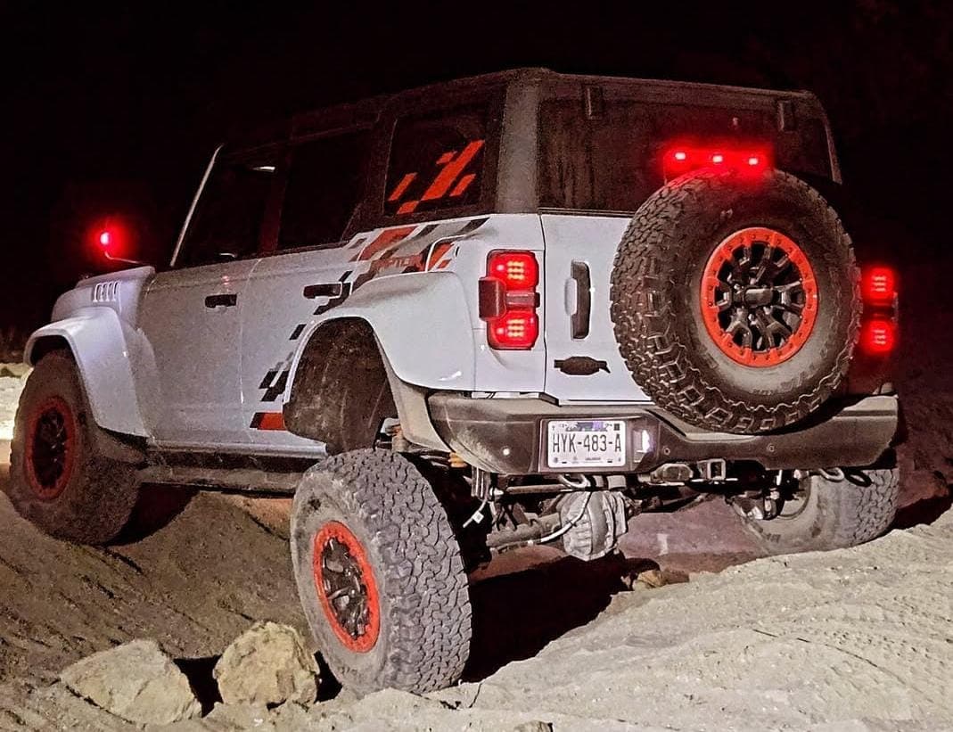 Bronco Raptor blanca sobre roca durante una salida nocturna